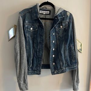 Express Jean jacket with grey sleeves and hood